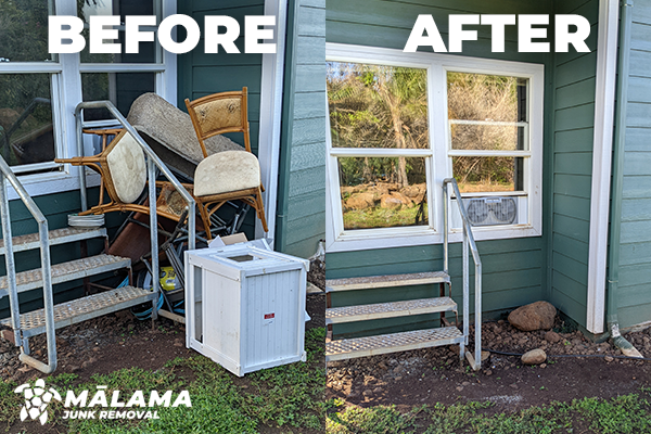 Before and after image showing a pile of household furniture being removed.