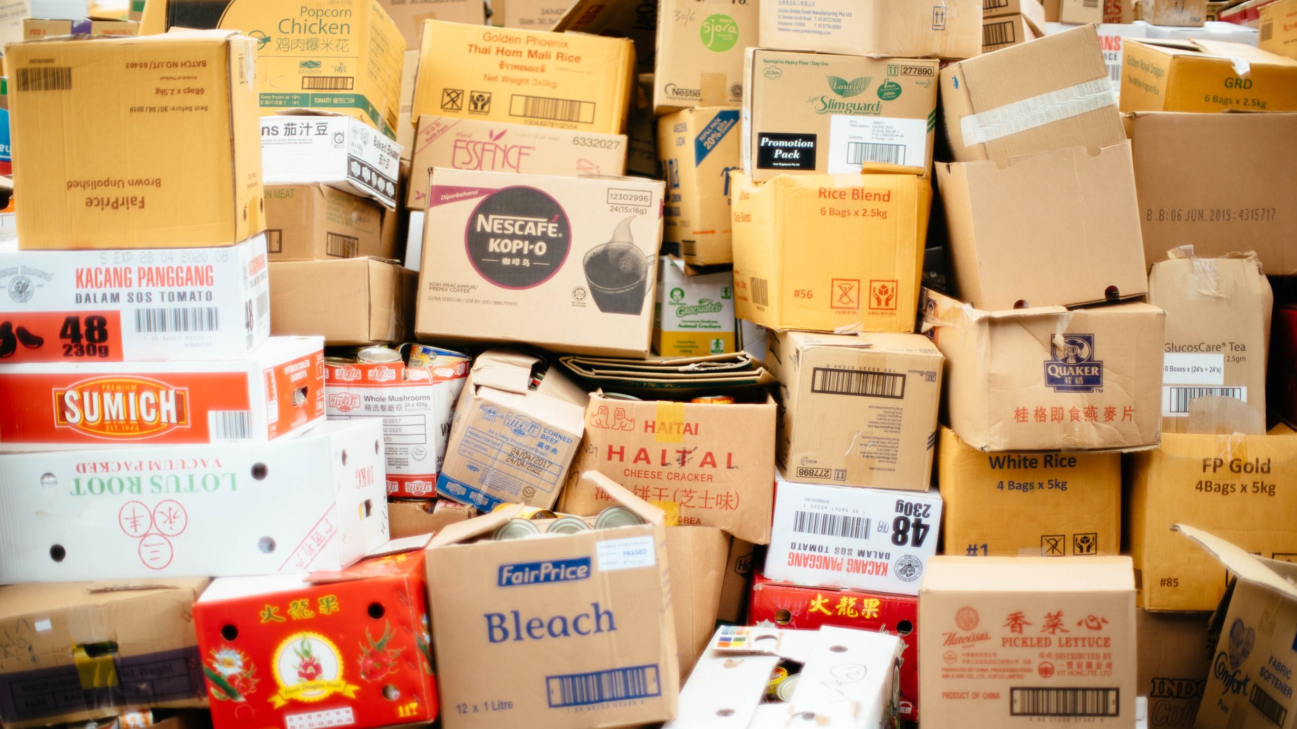 A tall pile of junk and boxes.